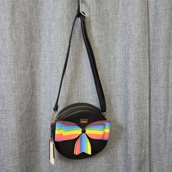 DIOPHY Round Crossbody Bag Black w/ Rainbow Stripe Bow Vegan Leather 9" - Picture 2 of 11